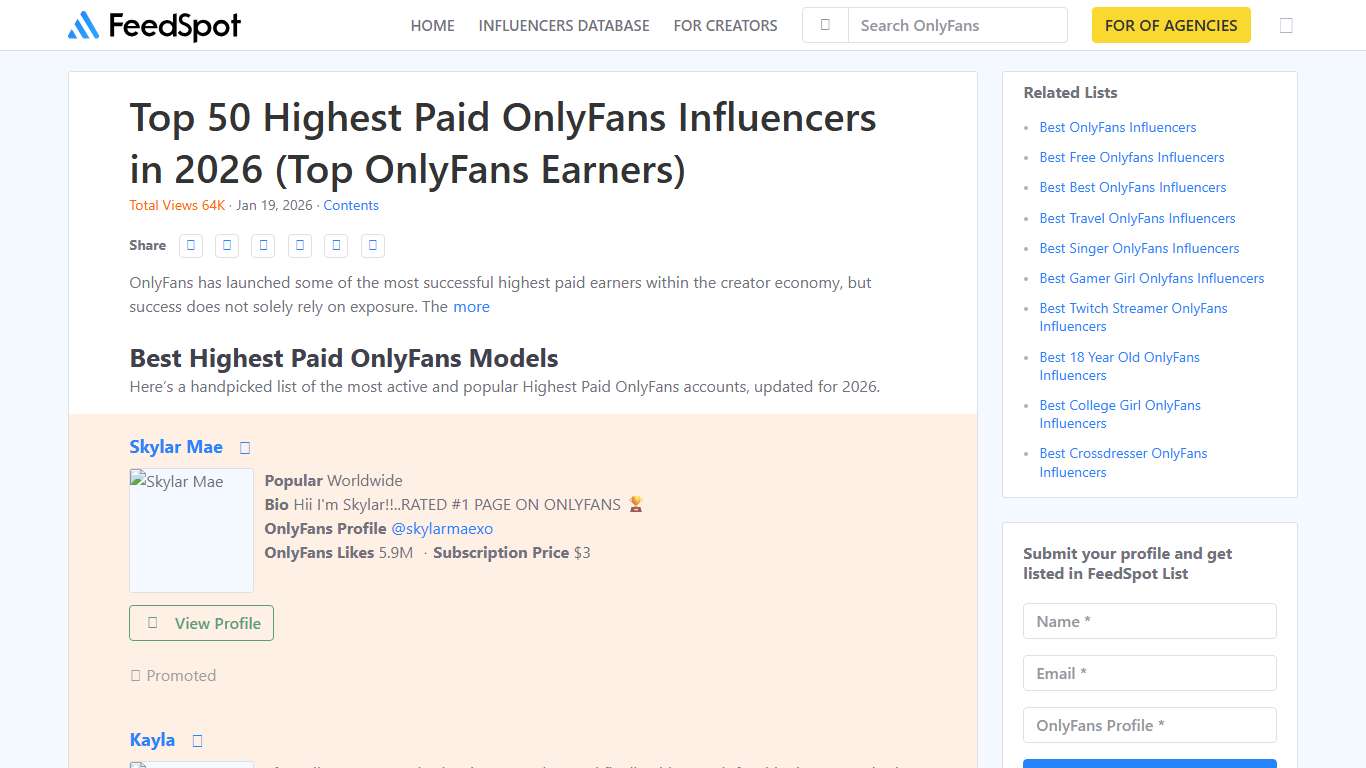Top 50 Highest Paid OnlyFans Influencers in 2026 (Top OnlyFans Earners)